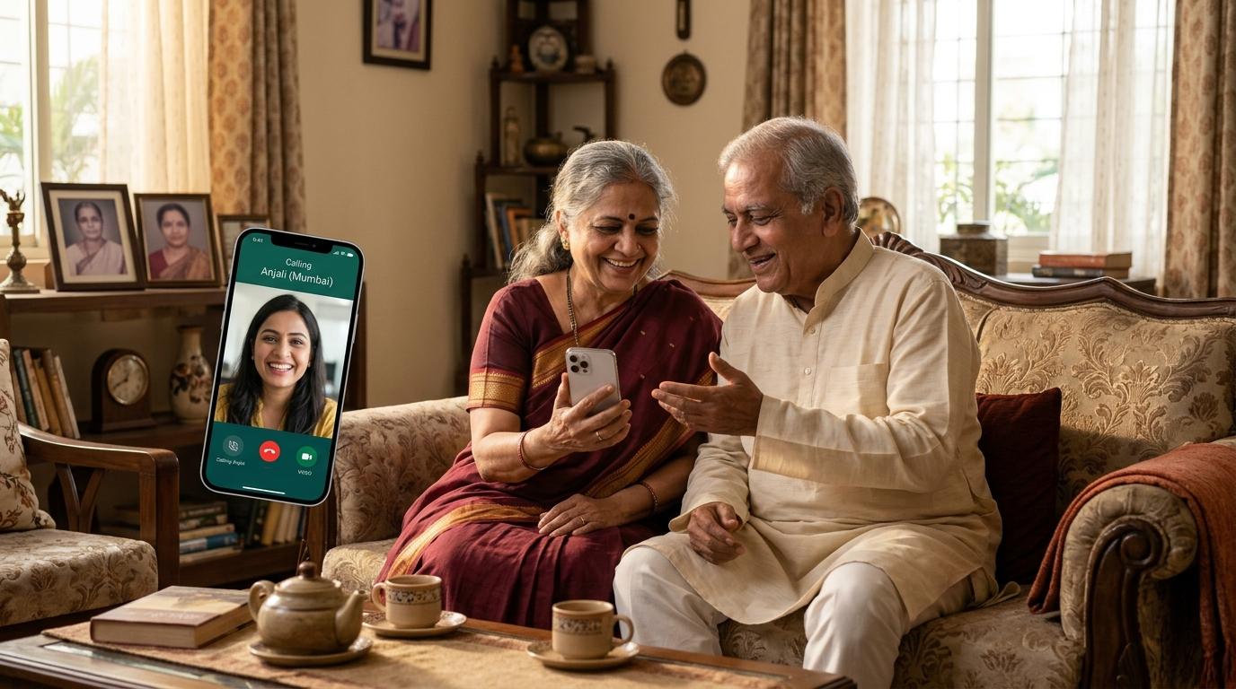 Loving elderly Indian parents connected on a video call with their daughter living in another city